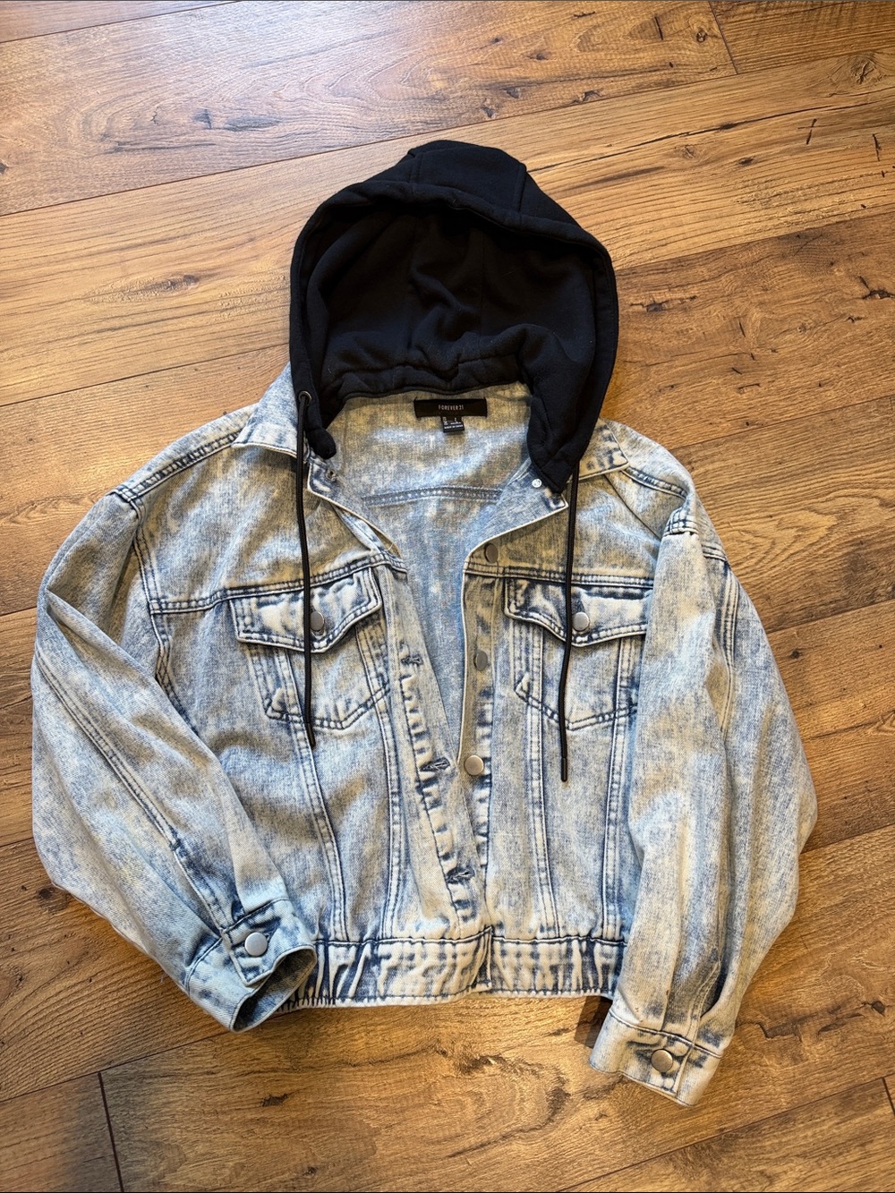 Forever 21 Acid Wash Denim Jacket with Black Hood